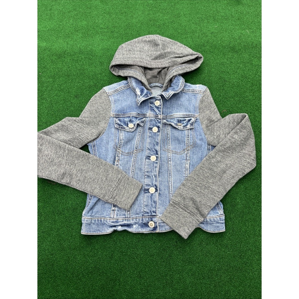 Hollister Jean Jacket Hybrid Hooded Sweatshirt Blue Gray Juniors Size XS